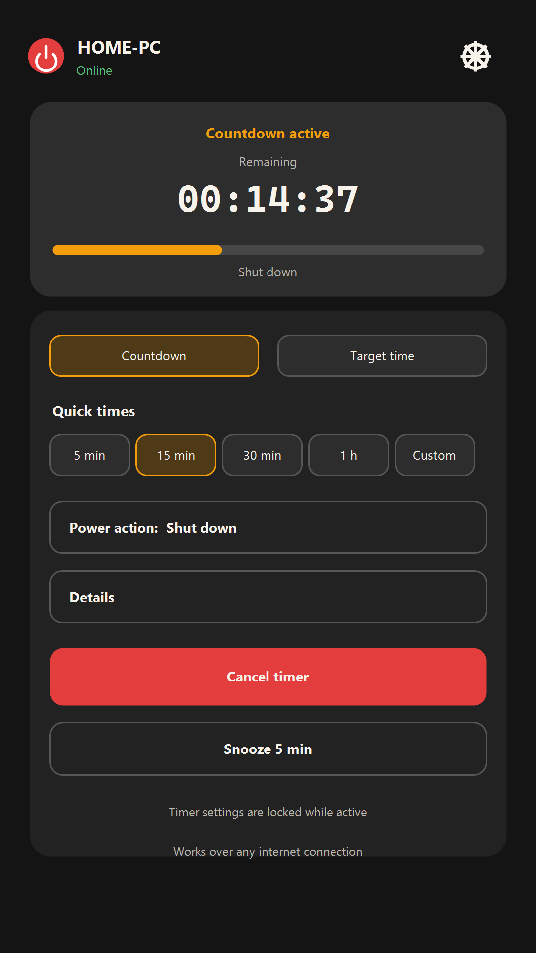 The Shutdown Timer Remote active timer control screen