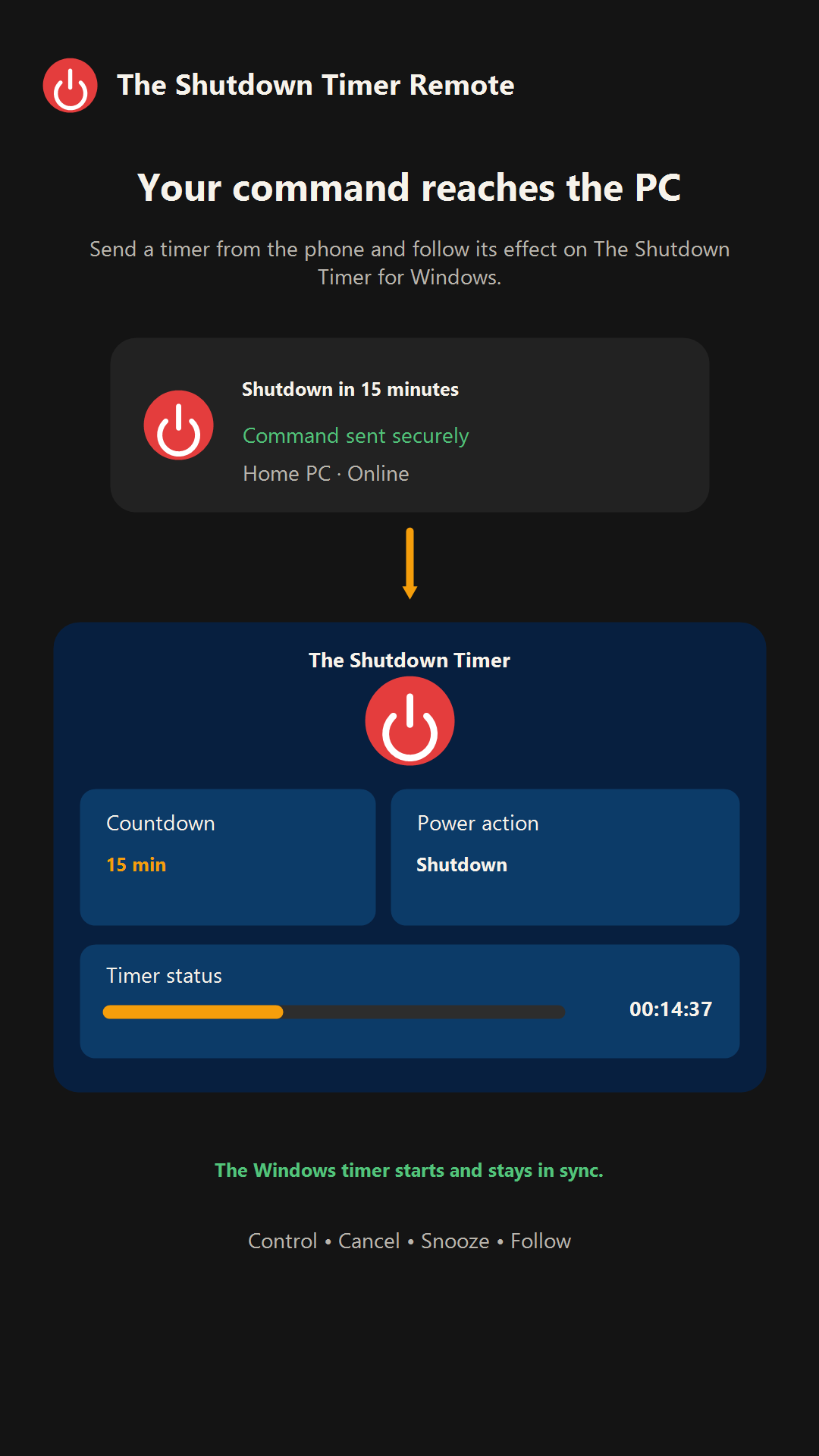 A mobile command starting The Shutdown Timer on Windows